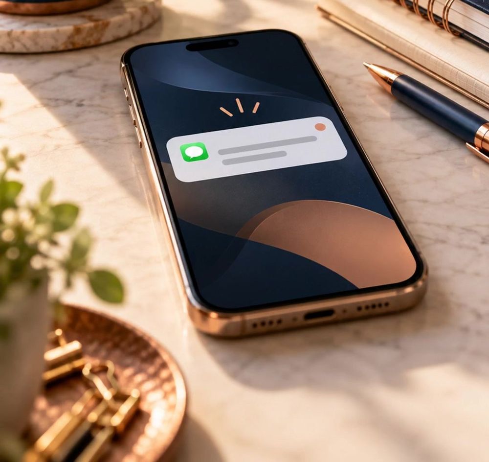 A phone on a marble desk lighting up with a new message