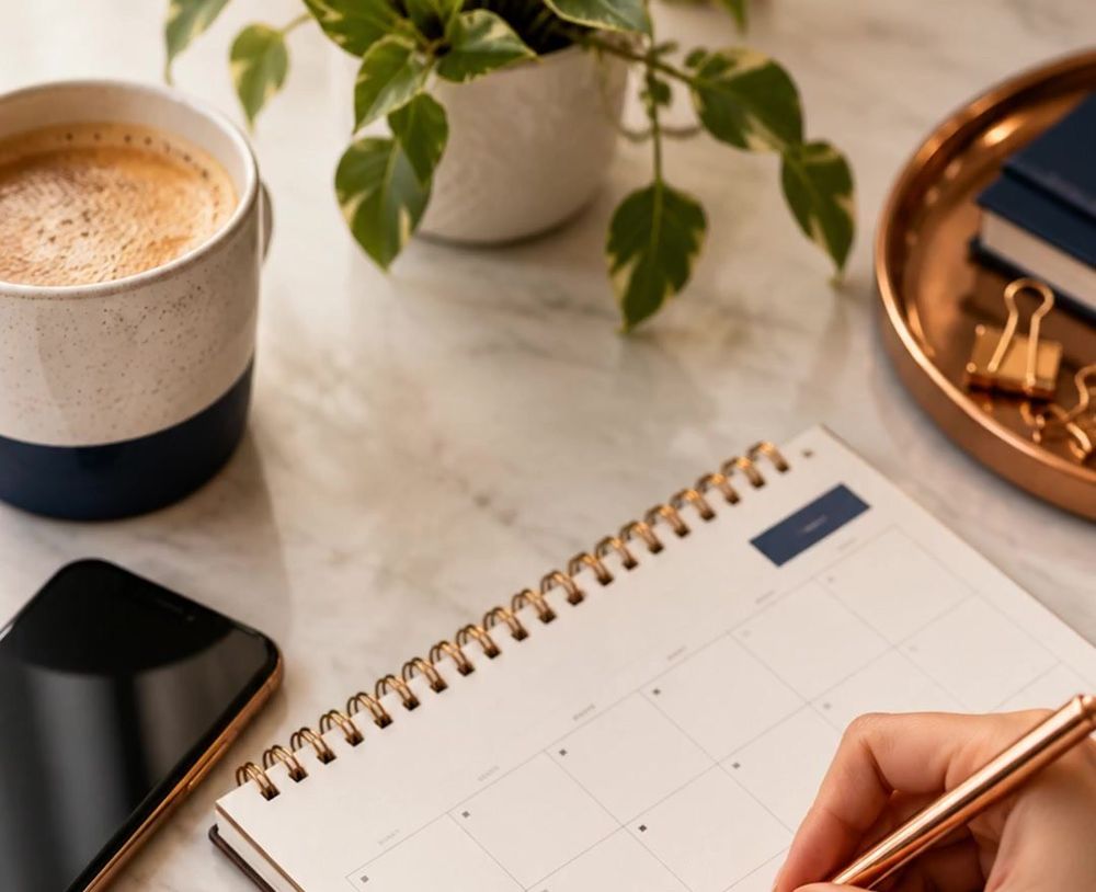 A hand writing in a spiral planner next to a coffee and a phone