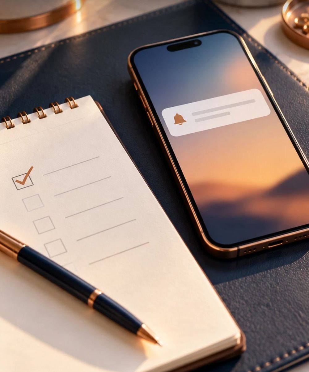 A phone with a notification next to a checklist and a pen