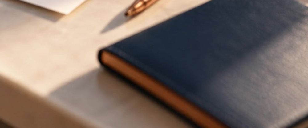 A navy notebook with a copper pen beside printed invoices